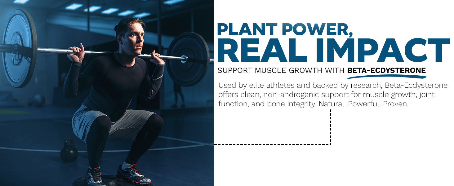 Athlete performing barbell squat in gym with Plant Power Real Impact Beta-Ecdysterone muscle growth supplement text.