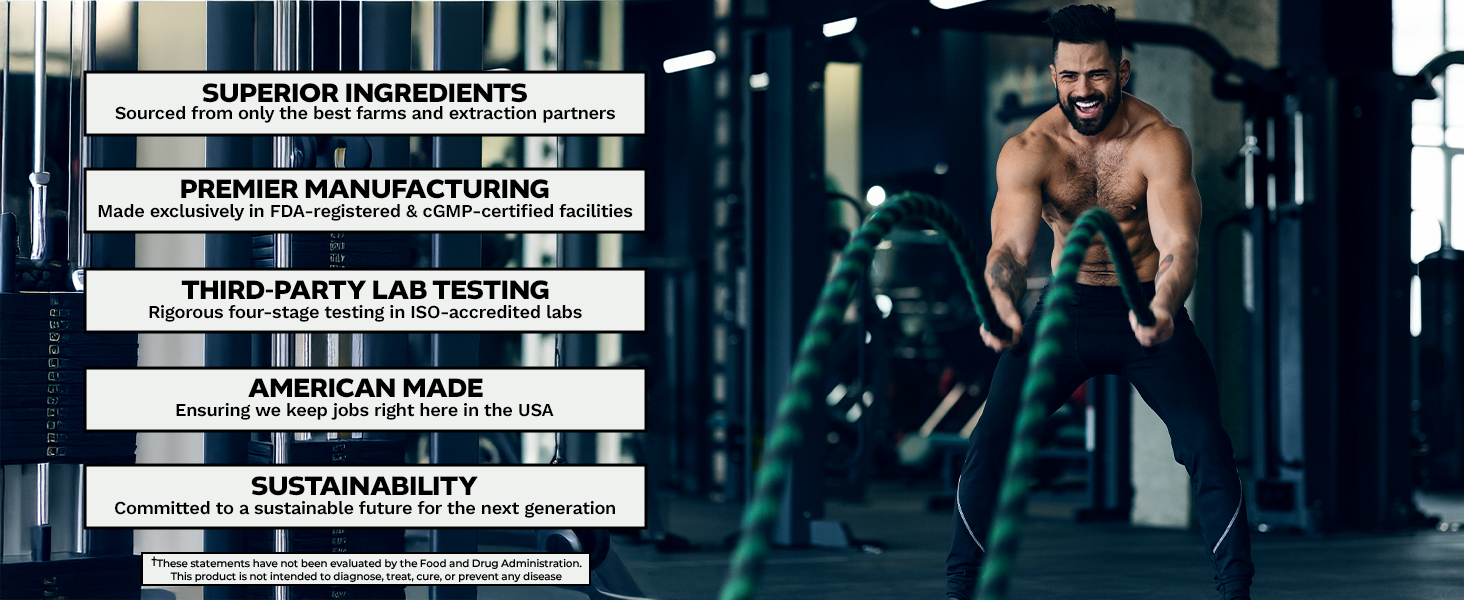 Shirtless man using battle ropes in gym with highlights of Beta-Ecdysterone supplement quality, manufacturing, and sustainability.