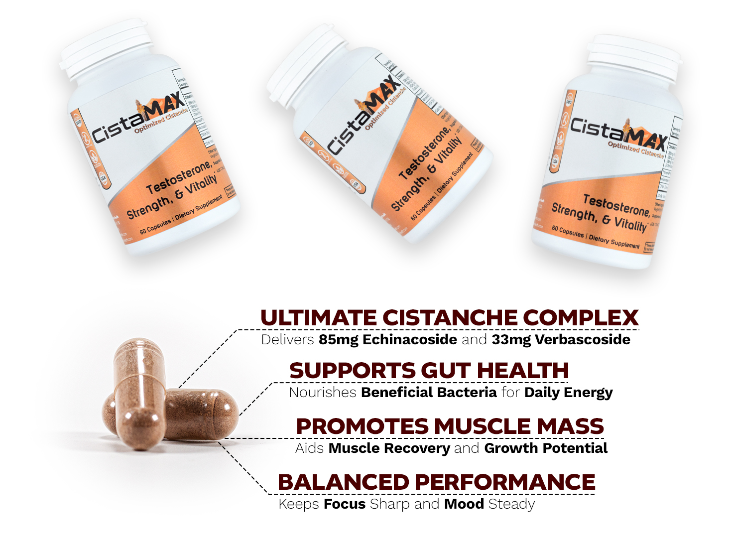 The image features three white bottles of Cistamax Optimized Cistanche dietary supplement, each labeled to promote testosterone, strength, and vitality, arranged at the top against a white background. At the bottom left are two brown capsules. To the right, bold text outlines key product benefits: the supplement delivers 85mg echinacoside and 33mg verbascoside as part of the cistanche complex, supports gut health by nourishing beneficial bacteria, promotes muscle mass and recovery, and ensures balanced performance with focus and mood support.