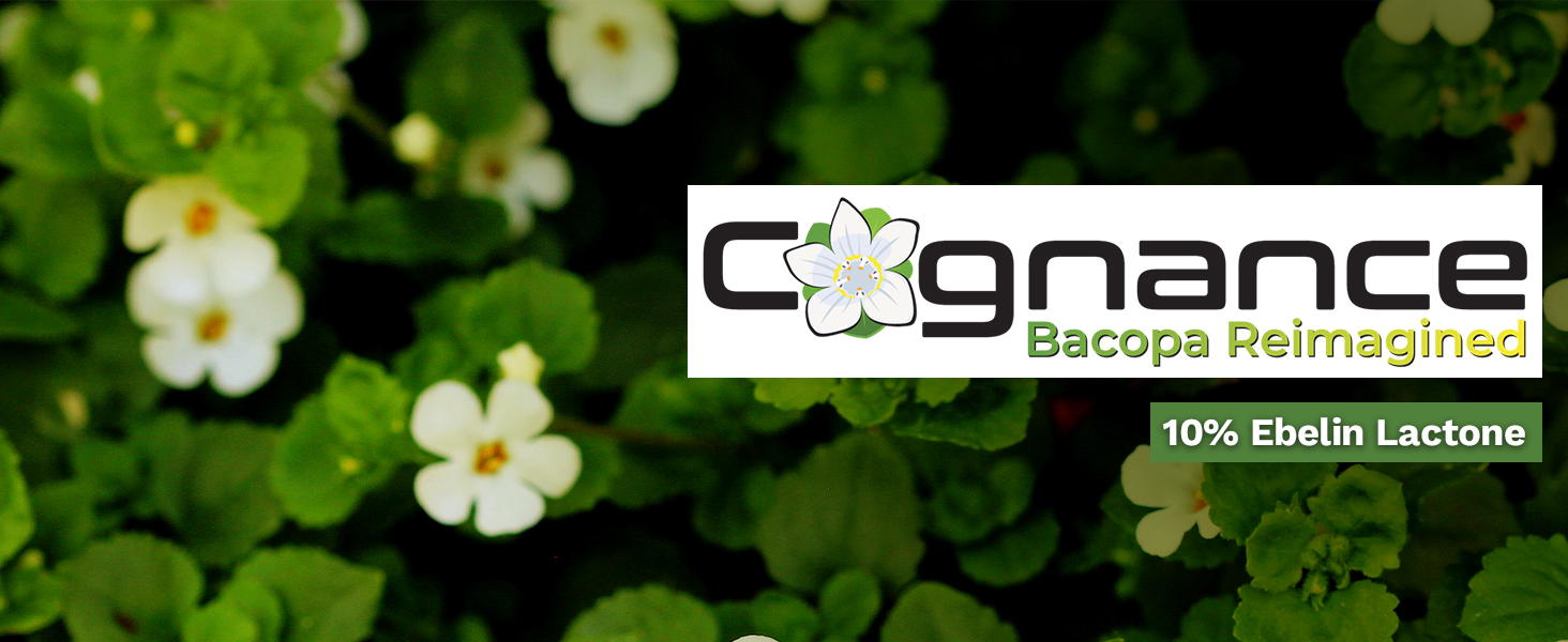 A close-up photograph of green Bacopa plant leaves scattered with small white flowers. Over the background, there is a white rectangular banner with the logo 