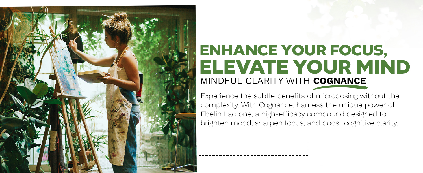 A person in an art studio paints at an easel surrounded by green plants. Promotional text beside the scene reads 'Enhance Your Focus, Elevate Your Mind. Mindful clarity with Cognance.' Additional description highlights the benefits of Ebelin Lactone for mood, focus, and cognitive clarity.