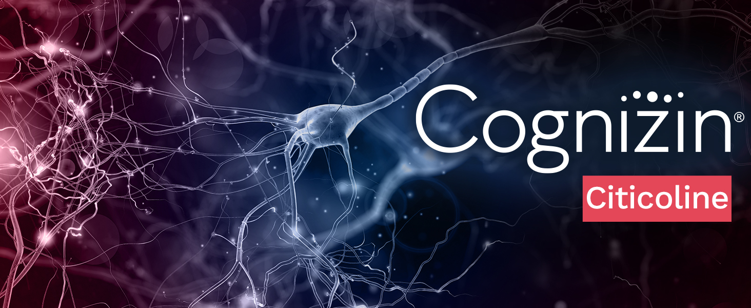 Cognizin Citicoline nootropic supplement branding with neural network illustration in the background.