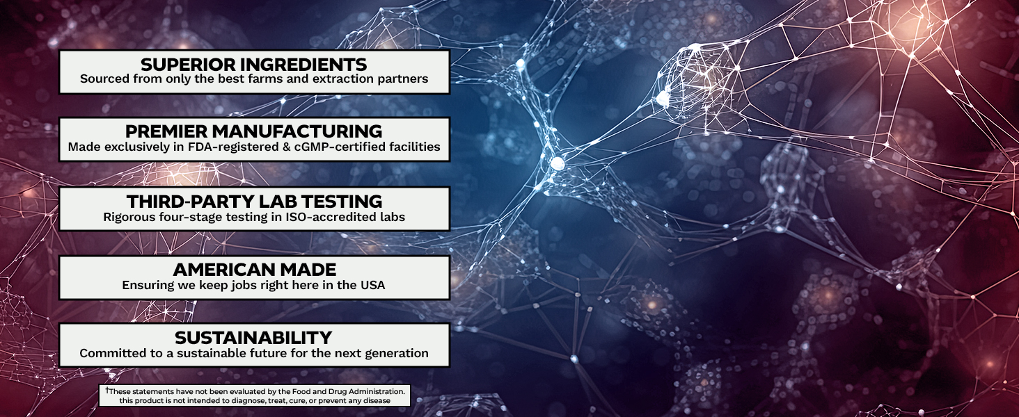 Nootropics supplement quality standards: superior ingredients, premier manufacturing, third-party lab testing, American made, sustainability.