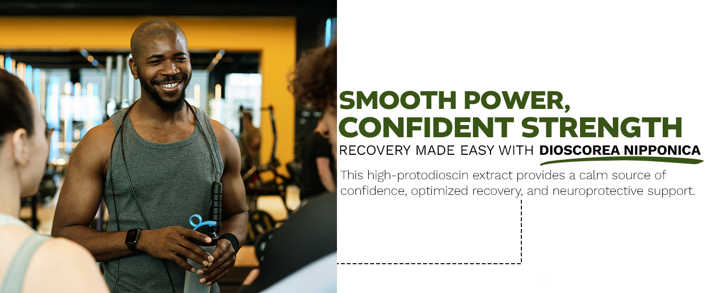 Active man in a gym setting holding a jump rope, promoting Dioscorea nipponica protodioscin supplement for muscle recovery and confidence.
