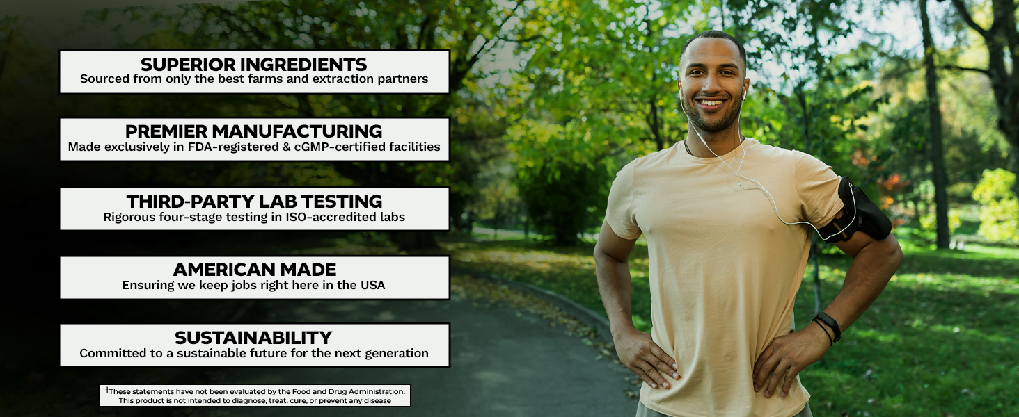 Fit man outdoors in athletic gear, surrounded by text highlighting superior ingredients, lab testing, American-made, and sustainability of nootropic supplements.