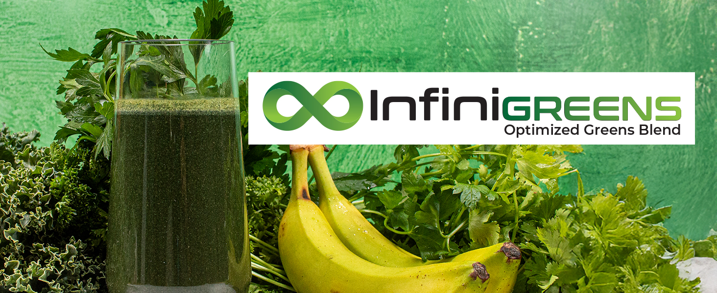 InfiniGREENS Optimized Greens Blend supplement, featuring green superfood drink with bananas and leafy greens.