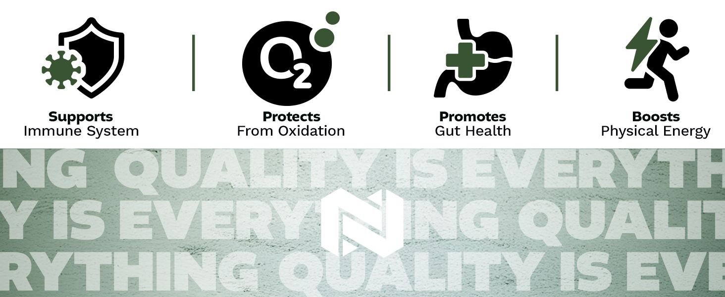 InfiniGREENS supplement icons showing immune support, antioxidant protection, gut health, and energy boost.