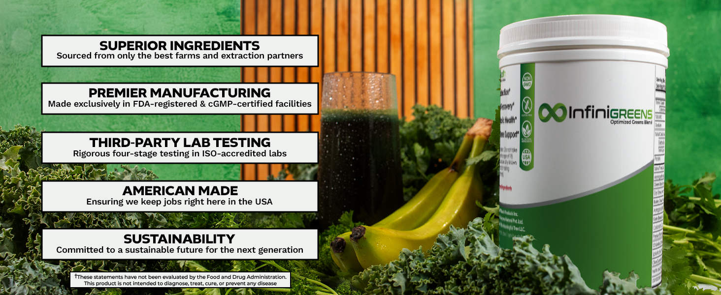 InfiniGREENS supplement tub and greens drink with quality, sustainability, and US manufacturing highlights.
