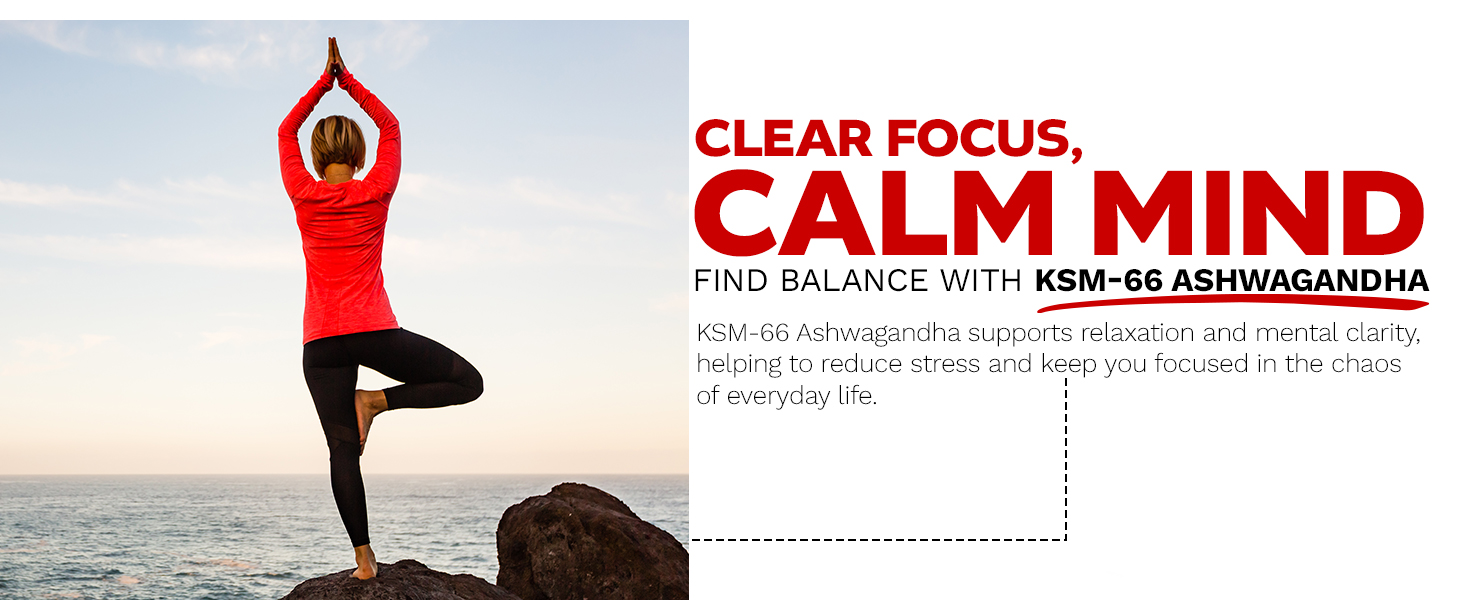 Woman practicing yoga on a rock by the ocean with text promoting KSM-66 Ashwagandha for clear focus and calm mind.