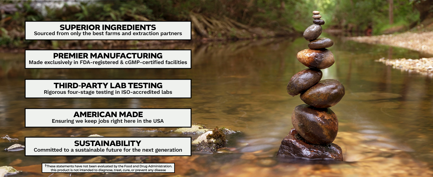 Stacked river stones in a forest stream with overlay text highlighting Nootropics Depot’s quality, manufacturing, and sustainability standards.