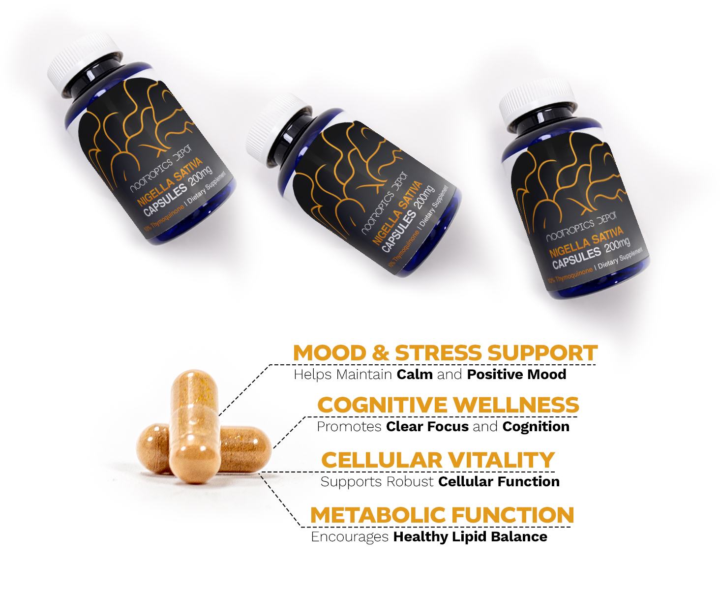 Nootropics Depot Nigella sativa capsules support mood, cognition, cellular, and metabolic wellness.