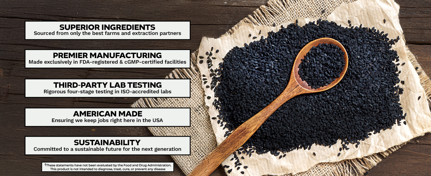 Superior black seeds on a rustic cloth with wooden spoon and sourcing, manufacturing, and lab testing notes.