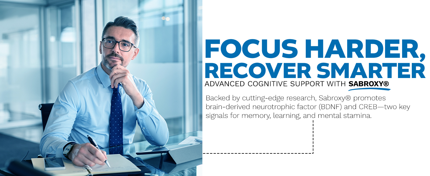 Focus and recovery benefits of Sabroxy cognitive support featured beside business workspace and product info.