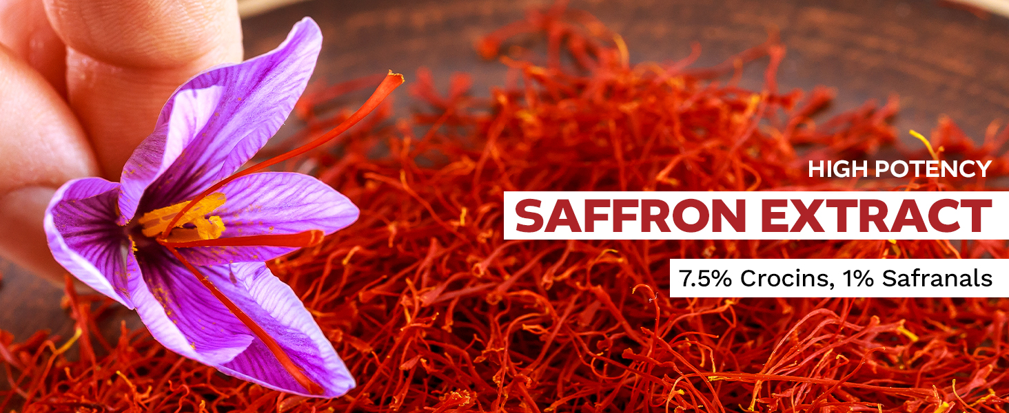 High potency saffron extract supplement with 7.5% crocins and 1% safranals, featuring vibrant saffron threads and a purple crocus flower.