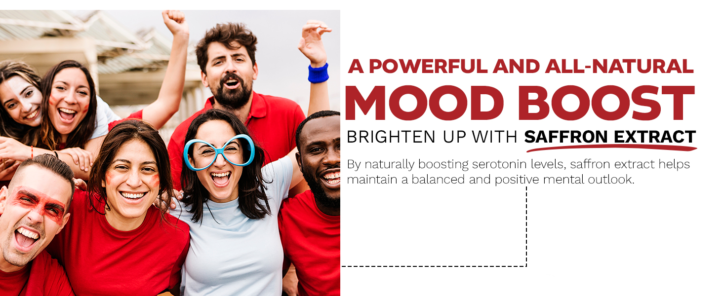 Diverse group of smiling adults in red shirts celebrating together, promoting saffron extract for natural mood boost.