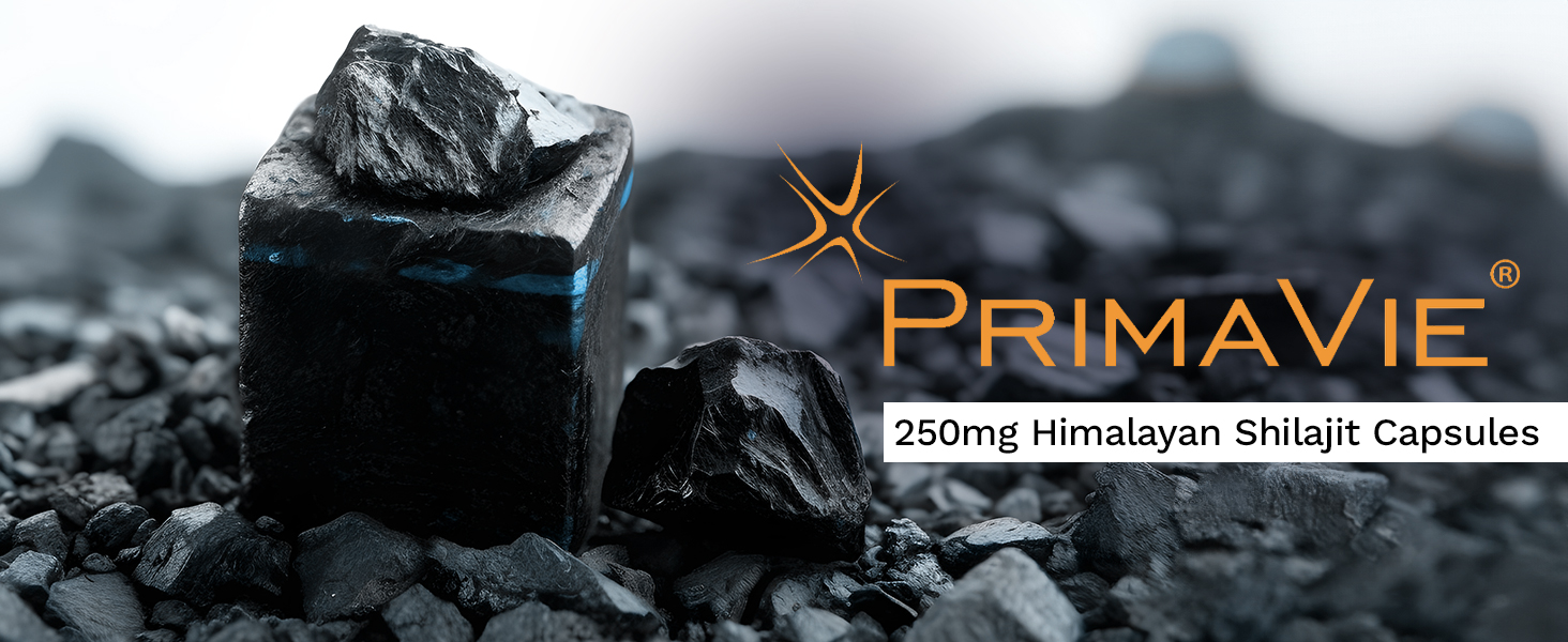 PrimaVie 250mg Himalayan Shilajit capsules supplement banner with shilajit resin rocks on a dark background.