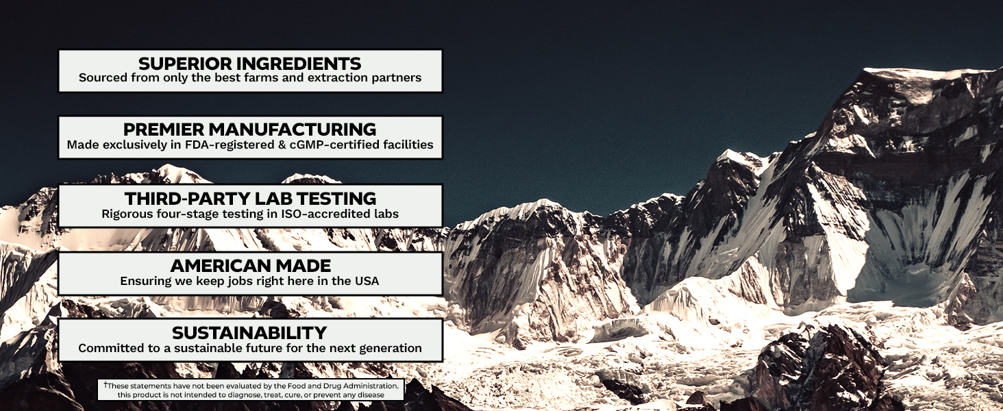 Nootropics Depot supplement quality standards banner with Himalayan mountains, highlighting superior ingredients, manufacturing, lab testing, American made, and sustainability.