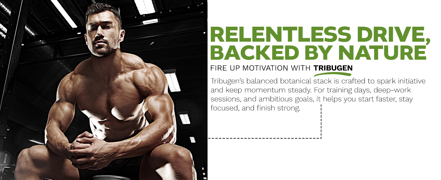 Muscular athlete in gym with Tribugen message: relentless drive, backed by nature for training motivation.