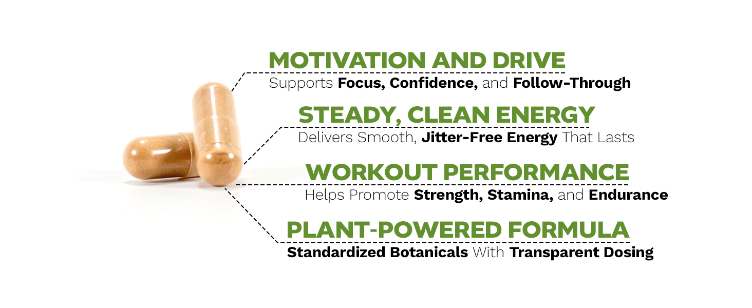 Two Tribugen capsules with plant-powered formula benefits for energy, focus, and workout performance.