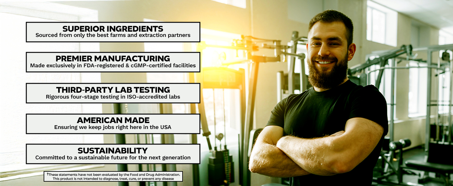 Gym background highlighting Tribugen’s superior ingredients, manufacturing, and lab testing standards.